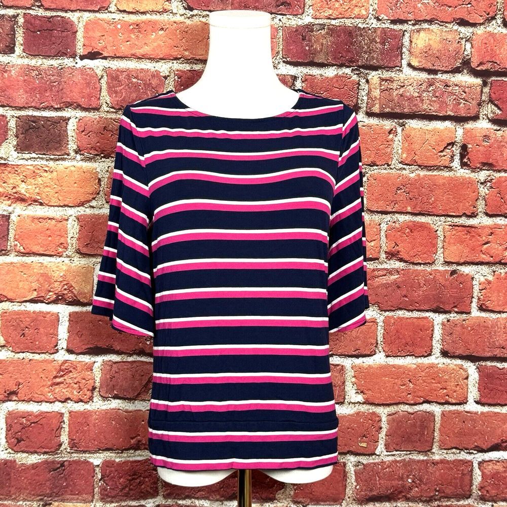 Chico's Women's Size 0 (US4) Blue/Pink‎ Stripe Boat Neck Top 3/4 Sleeve